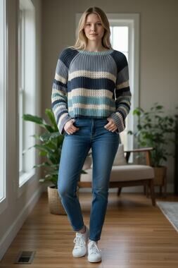 RSQ Sweater Size XL Cropped Blue Striped Knit Crew Neck Long Sleeve